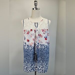 Knox Rose Womens Blouse Large Lace Detail Lightweight Sleeveless Ivory Blue Boho